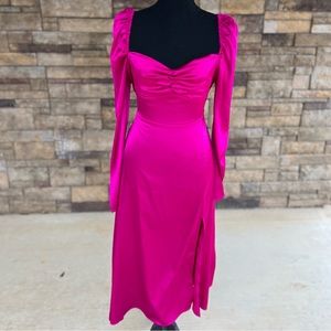 Magenta Satin Long Sleeve Slit Dress